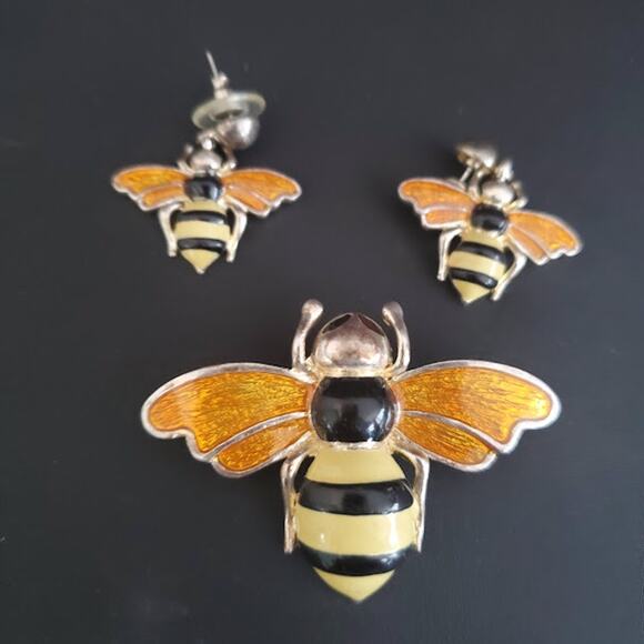 VTG MJ Brooch Pendant Earrings Bumble Bees Enamel Jewelry Designer Signed 70's - Picture 1 of 7